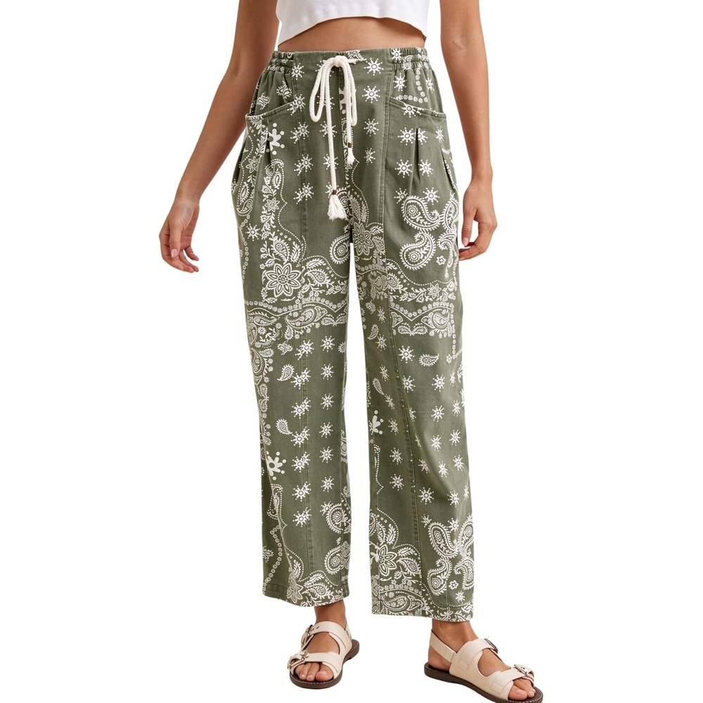 image:imageSpringrainnbspWomensnbspBandananbspPrintnbspBarrelnbspPantsnbspWidenbspLegnbspDrawstringnbspTrousersDarkgreen