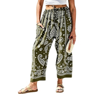 Springrain Women’s Paisley Wide Leg Pants Baggy Palazzo Lounge Trousers(Armygreen)