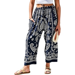 Springrain Women’s Paisley Wide Leg Pants Baggy Palazzo Lounge Trousers(Navy)