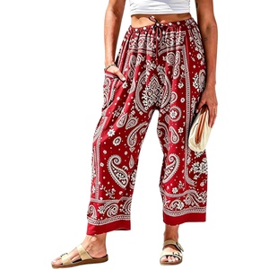 Springrain Women’s Paisley Wide Leg Pants Baggy Palazzo Lounge Trousers(Red)