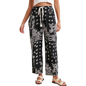 Springrain&nbsp;Womens&nbsp;Bandana&nbsp;Print&nbsp;Barrel&nbsp;Pants&nbsp;Wide&nbsp;Leg&nbsp;Drawstring&nbsp;Trousers(Black)