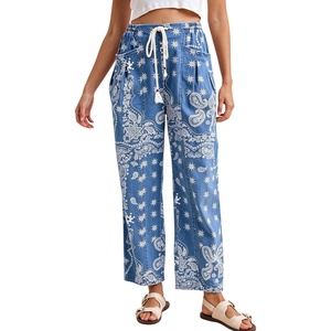 Springrain&nbsp;Womens&nbsp;Bandana&nbsp;Print&nbsp;Barrel&nbsp;Pants&nbsp;Wide&nbsp;Leg&nbsp;Drawstring&nbsp;Trousers(Blue)