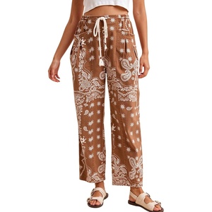 Springrain&nbsp;Womens&nbsp;Bandana&nbsp;Print&nbsp;Barrel&nbsp;Pants&nbsp;Wide&nbsp;Leg&nbsp;Drawstring&nbsp;Trousers(Brown)