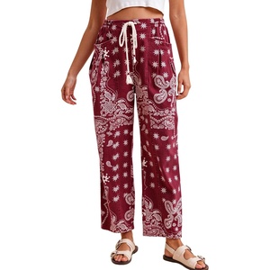 Springrain&nbsp;Womens&nbsp;Bandana&nbsp;Print&nbsp;Barrel&nbsp;Pants&nbsp;Wide&nbsp;Leg&nbsp;Drawstring&nbsp;Trousers(Burgundy)