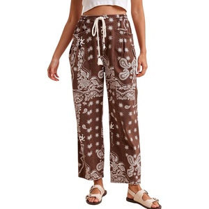 Springrain&nbsp;Womens&nbsp;Bandana&nbsp;Print&nbsp;Barrel&nbsp;Pants&nbsp;Wide&nbsp;Leg&nbsp;Drawstring&nbsp;Trousers(Coffee)