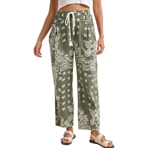 Springrain&nbsp;Womens&nbsp;Bandana&nbsp;Print&nbsp;Barrel&nbsp;Pants&nbsp;Wide&nbsp;Leg&nbsp;Drawstring&nbsp;Trousers(Darkgreen)