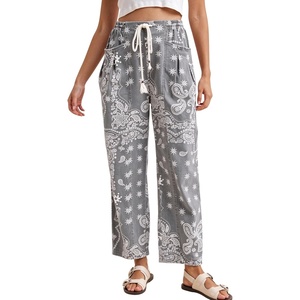 Springrain&nbsp;Womens&nbsp;Bandana&nbsp;Print&nbsp;Barrel&nbsp;Pants&nbsp;Wide&nbsp;Leg&nbsp;Drawstring&nbsp;Trousers(Grey)