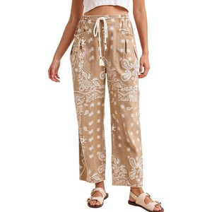 Springrain&nbsp;Womens&nbsp;Bandana&nbsp;Print&nbsp;Barrel&nbsp;Pants&nbsp;Wide&nbsp;Leg&nbsp;Drawstring&nbsp;Trousers(Khaki)