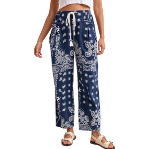 Springrain&nbsp;Womens&nbsp;Bandana&nbsp;Print&nbsp;Barrel&nbsp;Pants&nbsp;Wide&nbsp;Leg&nbsp;Drawstring&nbsp;Trousers(Navy)
