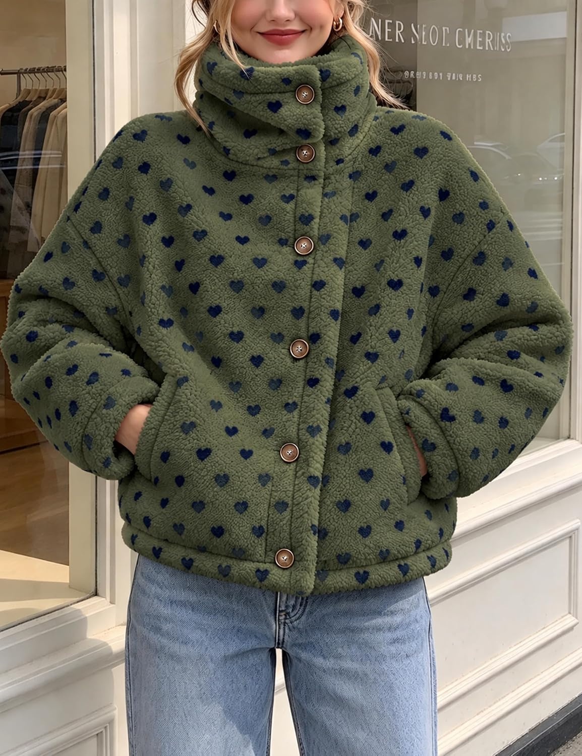 image:imageSpringrain Womens Sherpa Fleece Jacket Heart Print Stand Collar WarmArmygreen