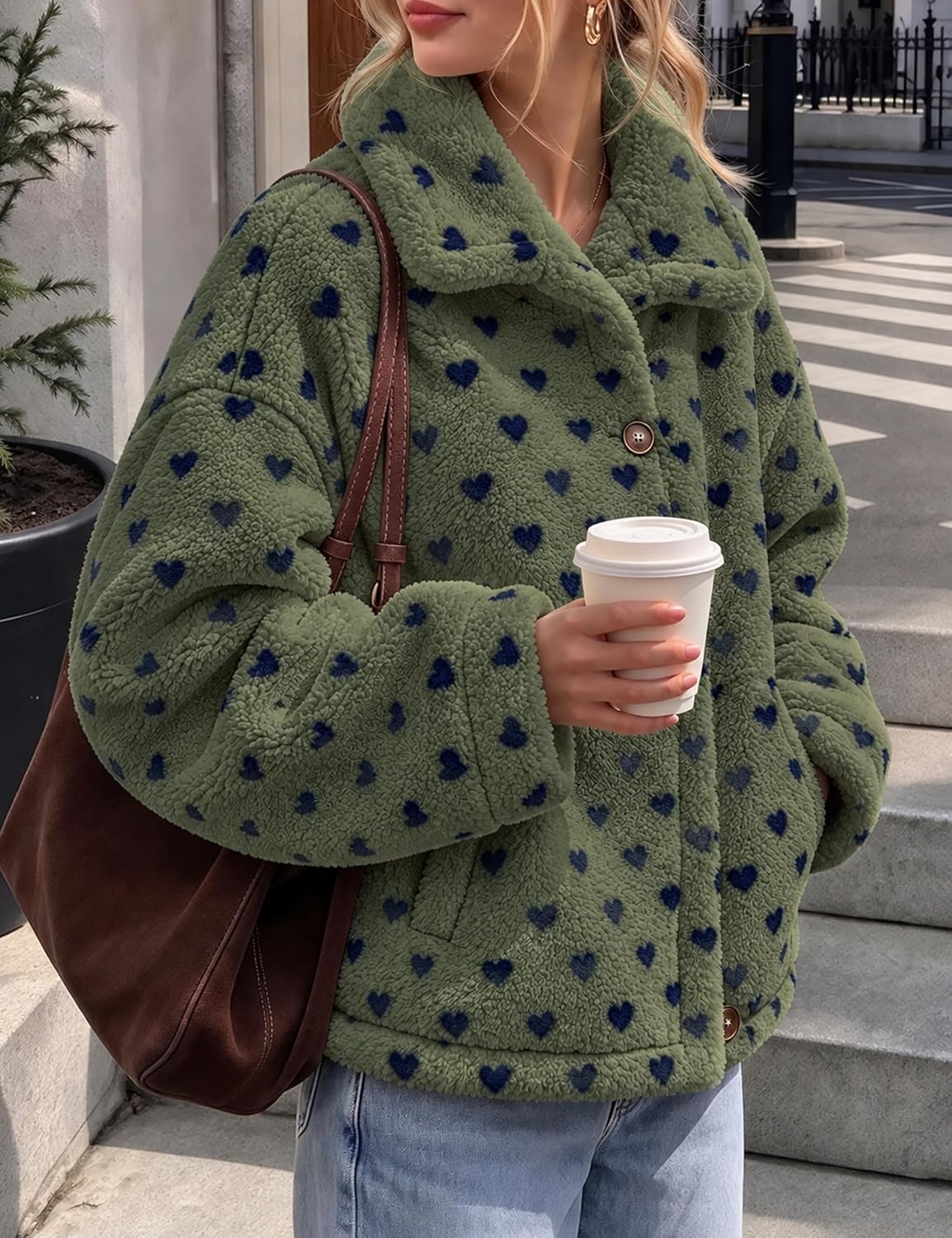 image:imageSpringrain Womens Sherpa Fleece Jacket Heart Print Stand Collar WarmArmygreen