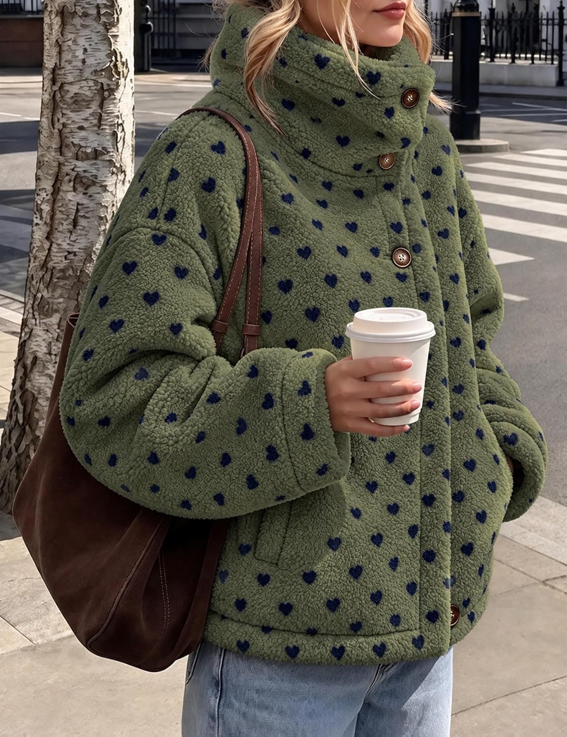 image:imageSpringrain Womens Sherpa Fleece Jacket Heart Print Stand Collar WarmArmygreen