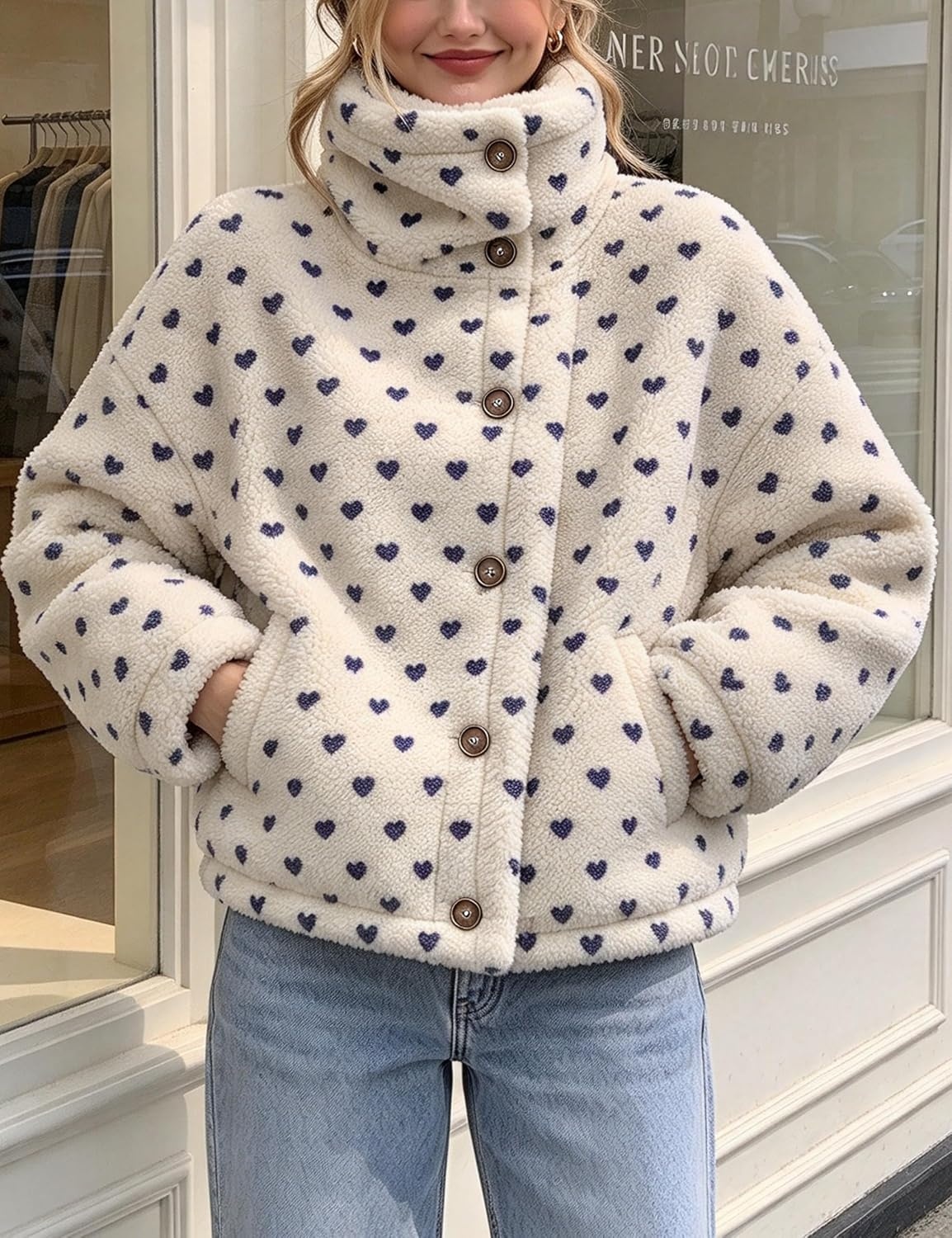 image:imageSpringrain Womens Sherpa Fleece Jacket Heart Print Stand Collar WarmBeige