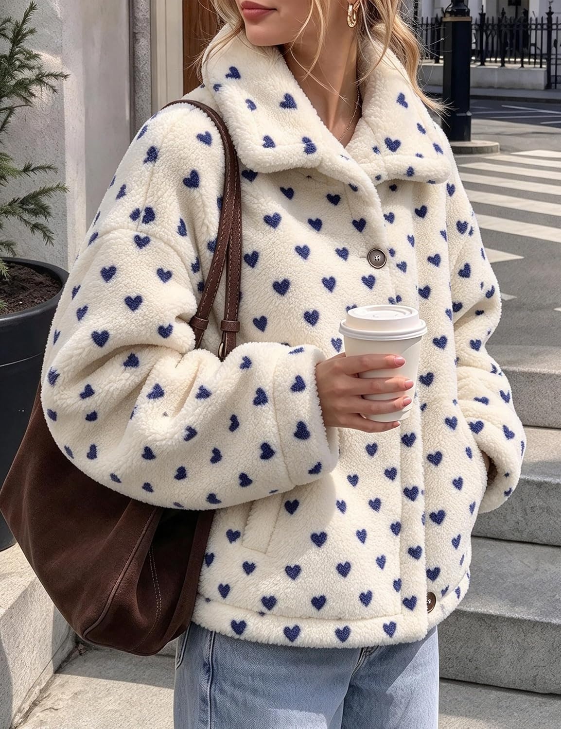 image:imageSpringrain Womens Sherpa Fleece Jacket Heart Print Stand Collar WarmBeige