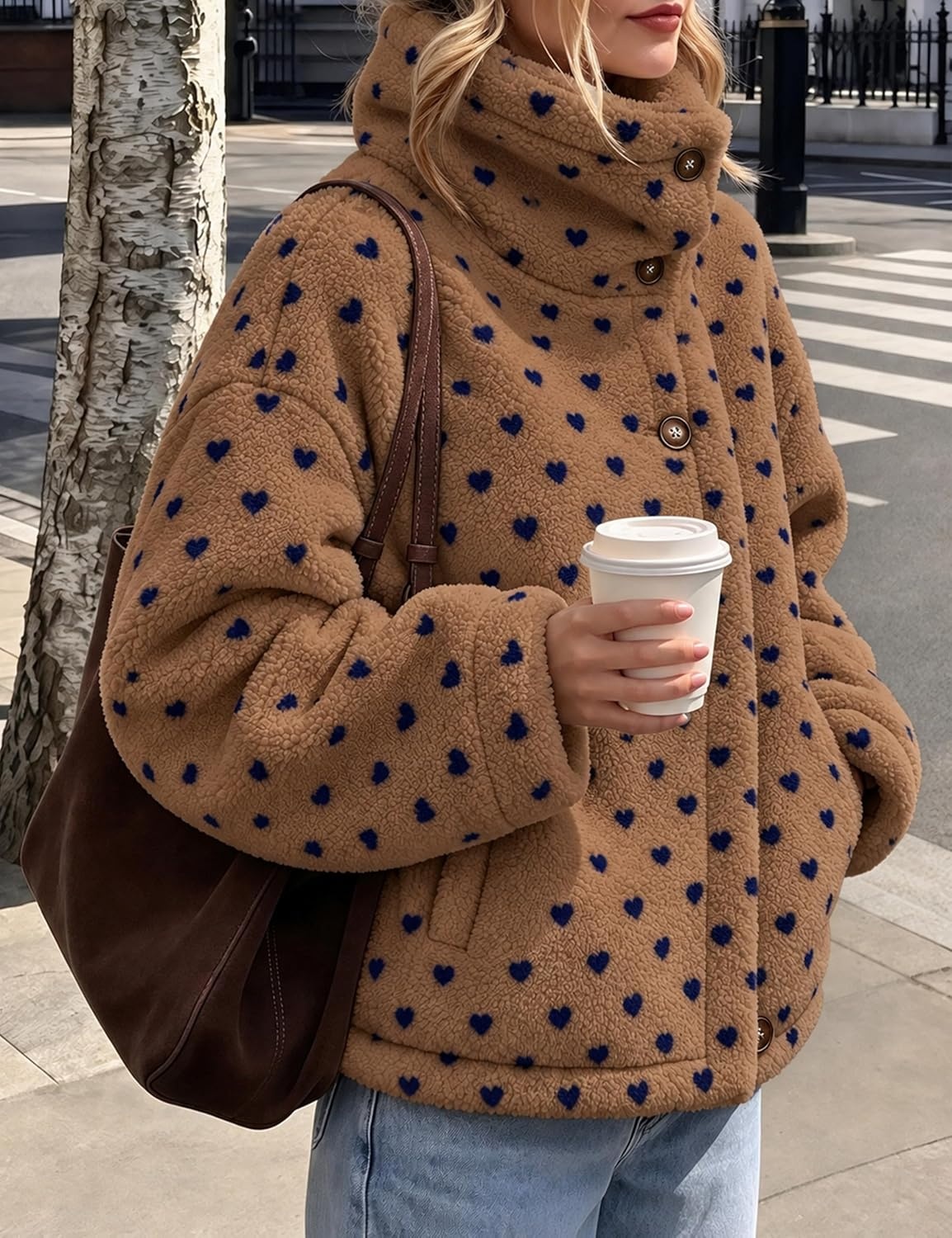 image:imageSpringrain Womens Sherpa Fleece Jacket Heart Print Stand Collar WarmCoffee