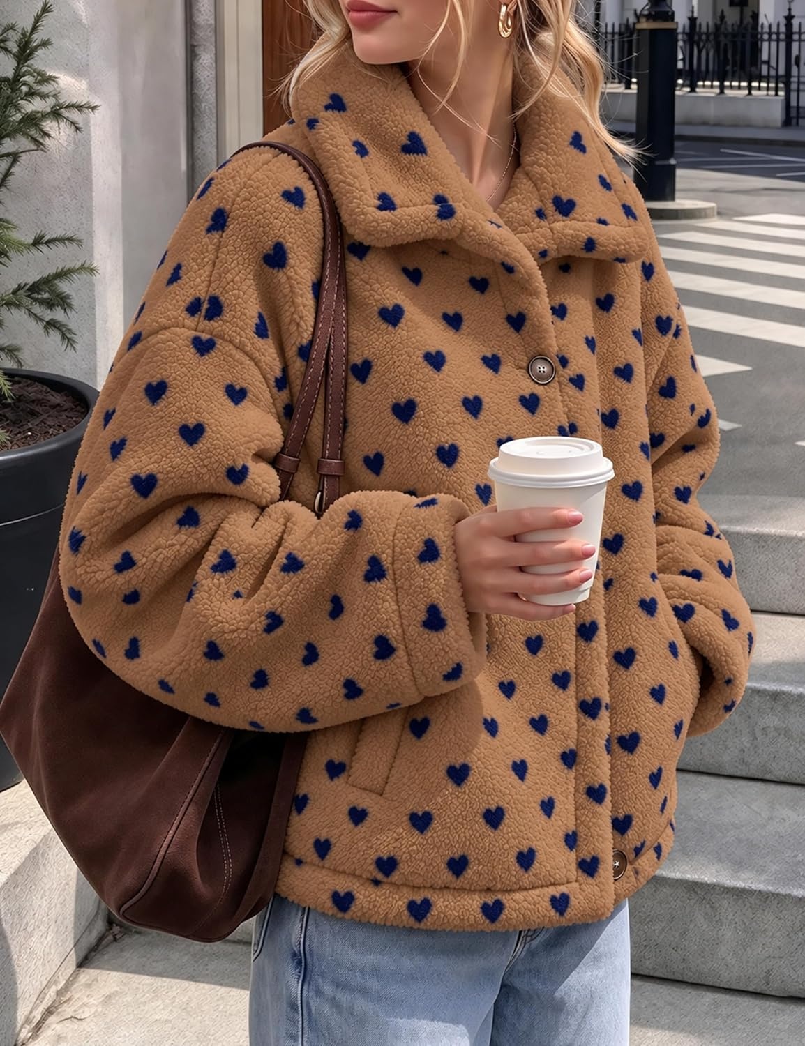 image:imageSpringrain Womens Sherpa Fleece Jacket Heart Print Stand Collar WarmCoffee