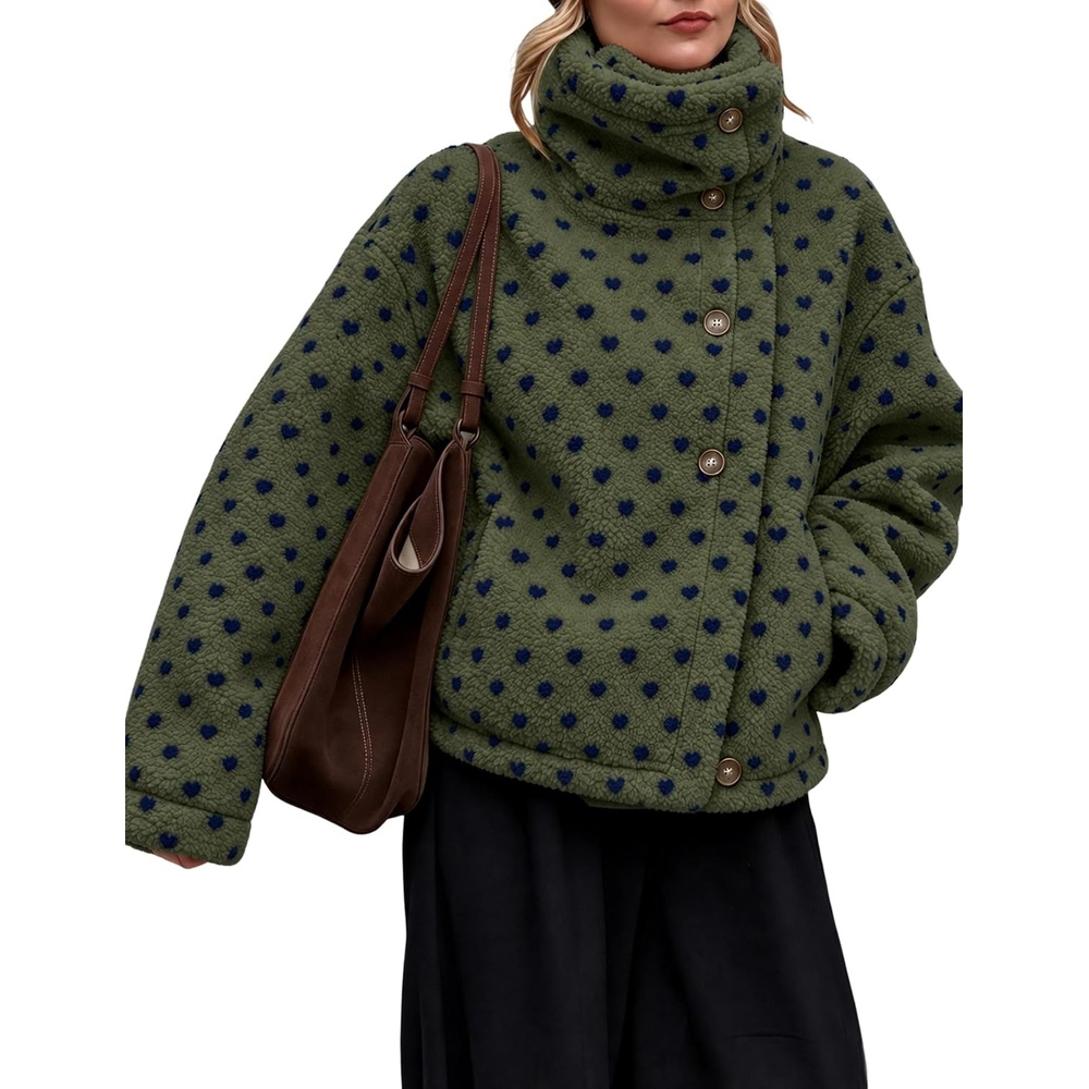 image:imageSpringrain Womens Sherpa Fleece Jacket Heart Print Stand Collar WarmArmygreen