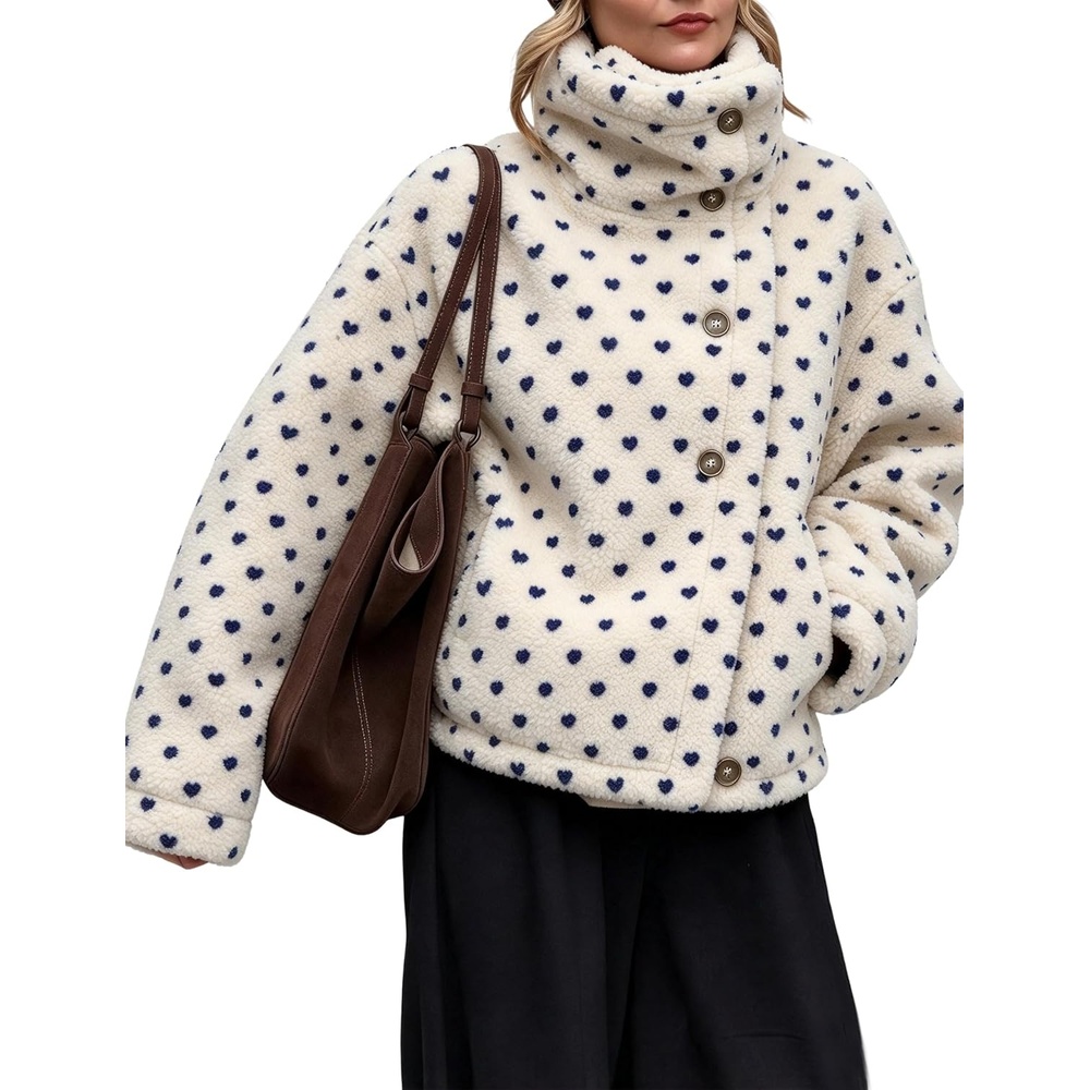 image:imageSpringrain Womens Sherpa Fleece Jacket Heart Print Stand Collar WarmBeige