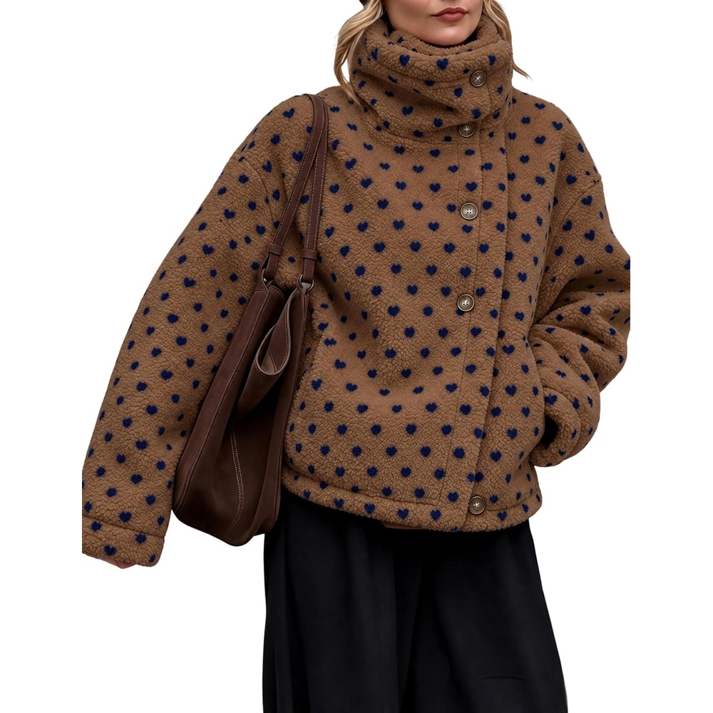 image:imageSpringrain Womens Sherpa Fleece Jacket Heart Print Stand Collar WarmCoffee