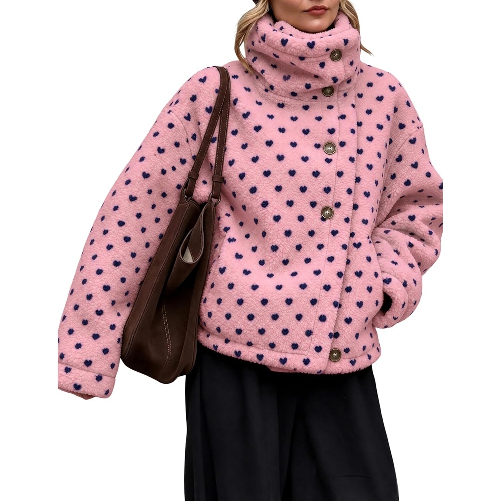 image:imageSpringrain Womens Sherpa Fleece Jacket Heart Print Stand Collar WarmPink