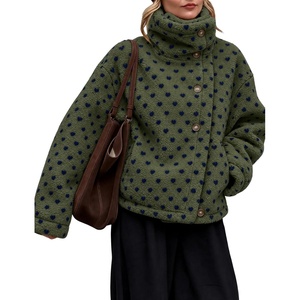 Springrain Womens Sherpa Fleece Jacket Heart Print Stand Collar Warm(Armygreen)