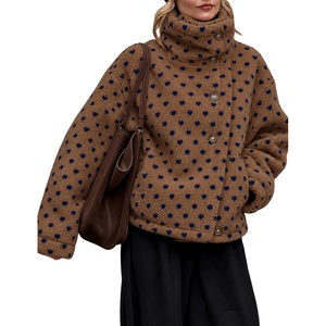 Springrain Womens Sherpa Fleece Jacket Heart Print Stand Collar Warm(Coffee)