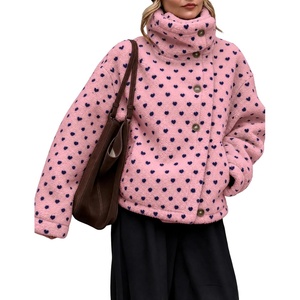 Springrain Womens Sherpa Fleece Jacket Heart Print Stand Collar Warm(Pink)