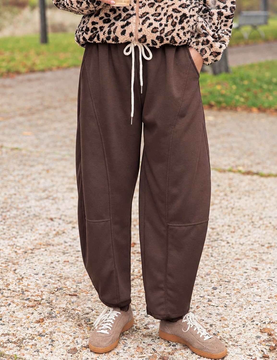 image:imageSpringrain Womens Barrel Leg Pants Drawstring CasualBrownS