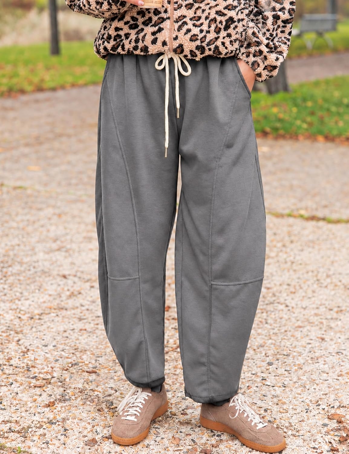 image:imageSpringrain Womens Barrel Leg Pants Drawstring CasualGreyXL