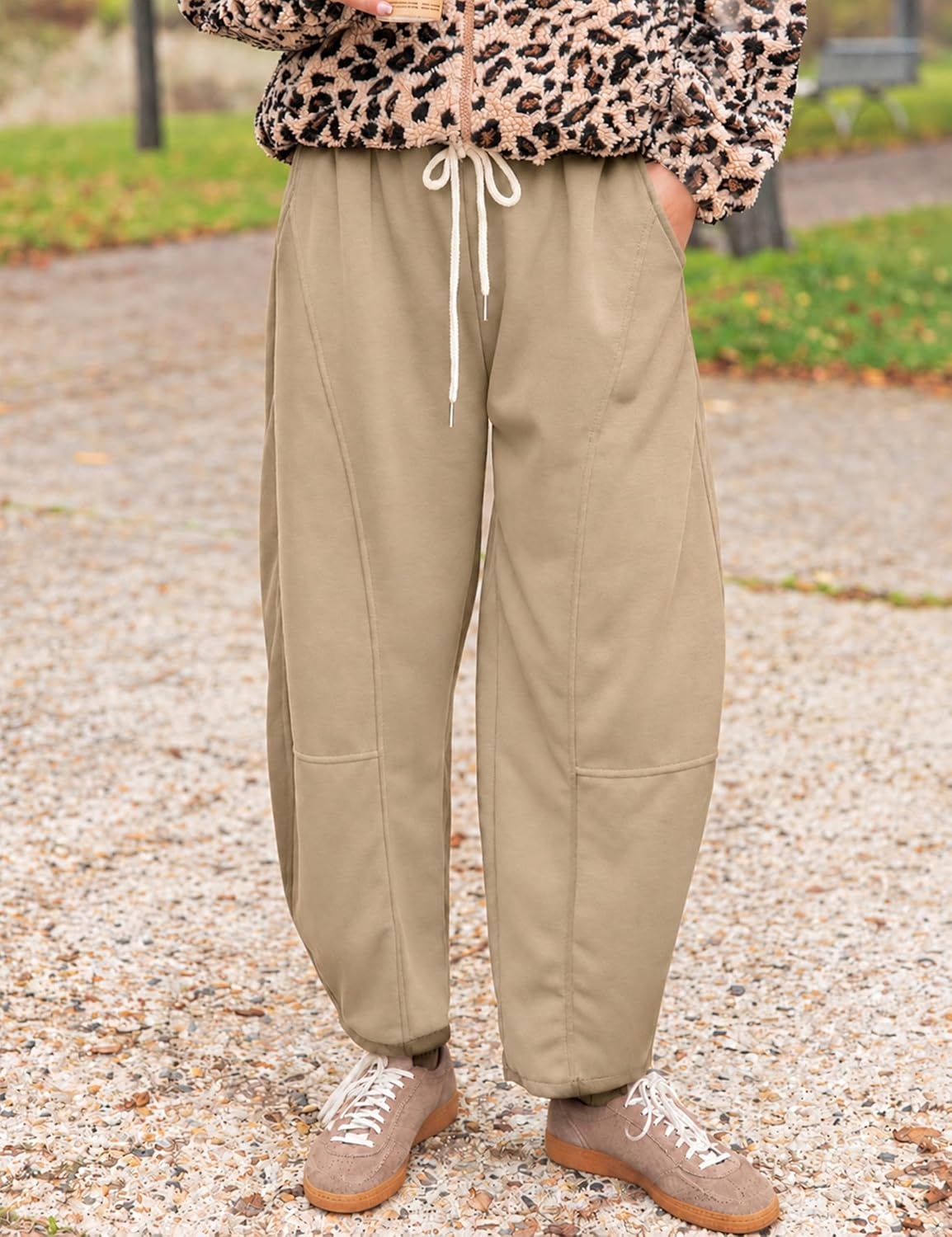 image:imageSpringrain Womens Barrel Leg Pants Drawstring CasualKhakiS