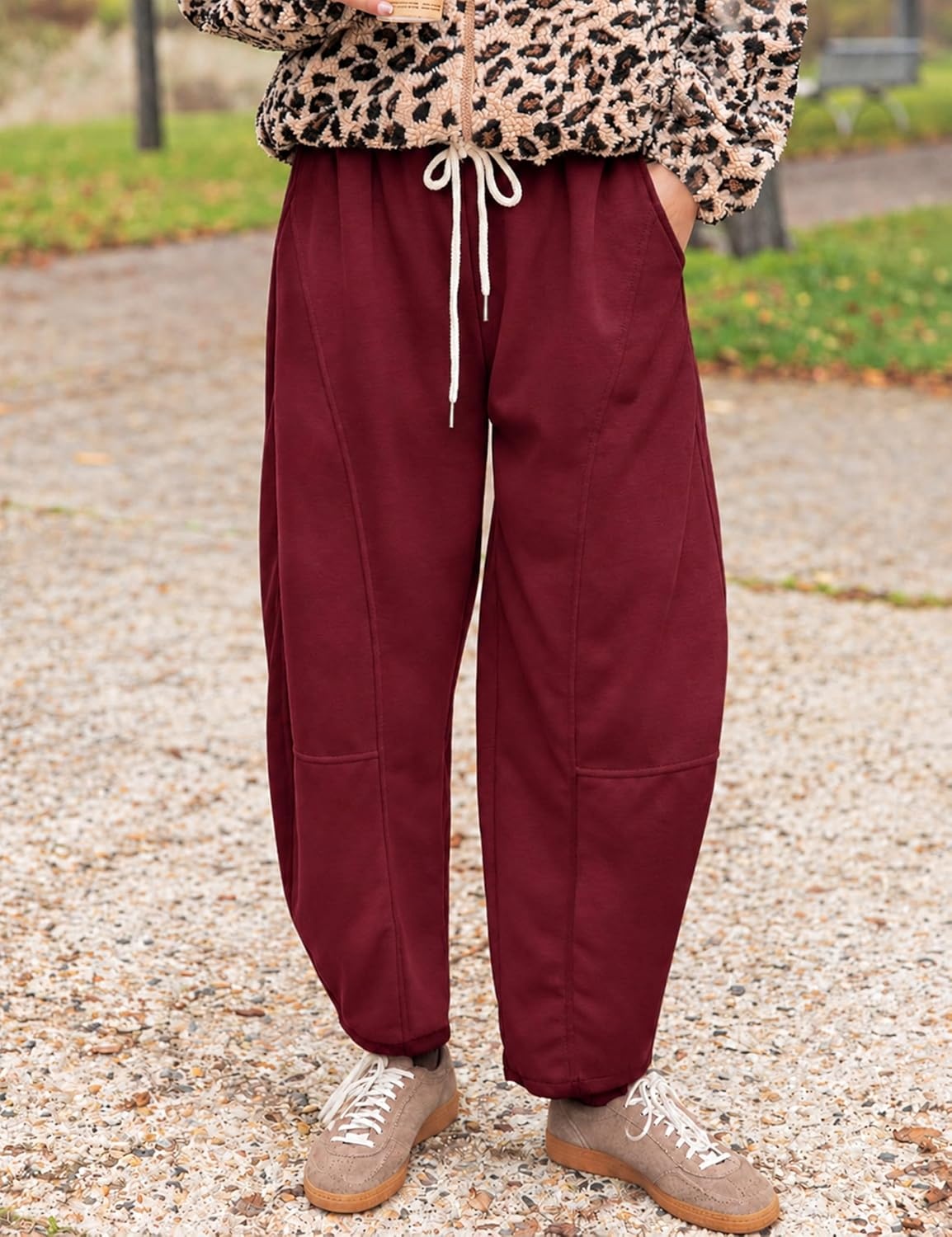 image:imageSpringrain Womens Barrel Leg Pants Drawstring CasualWineRedS