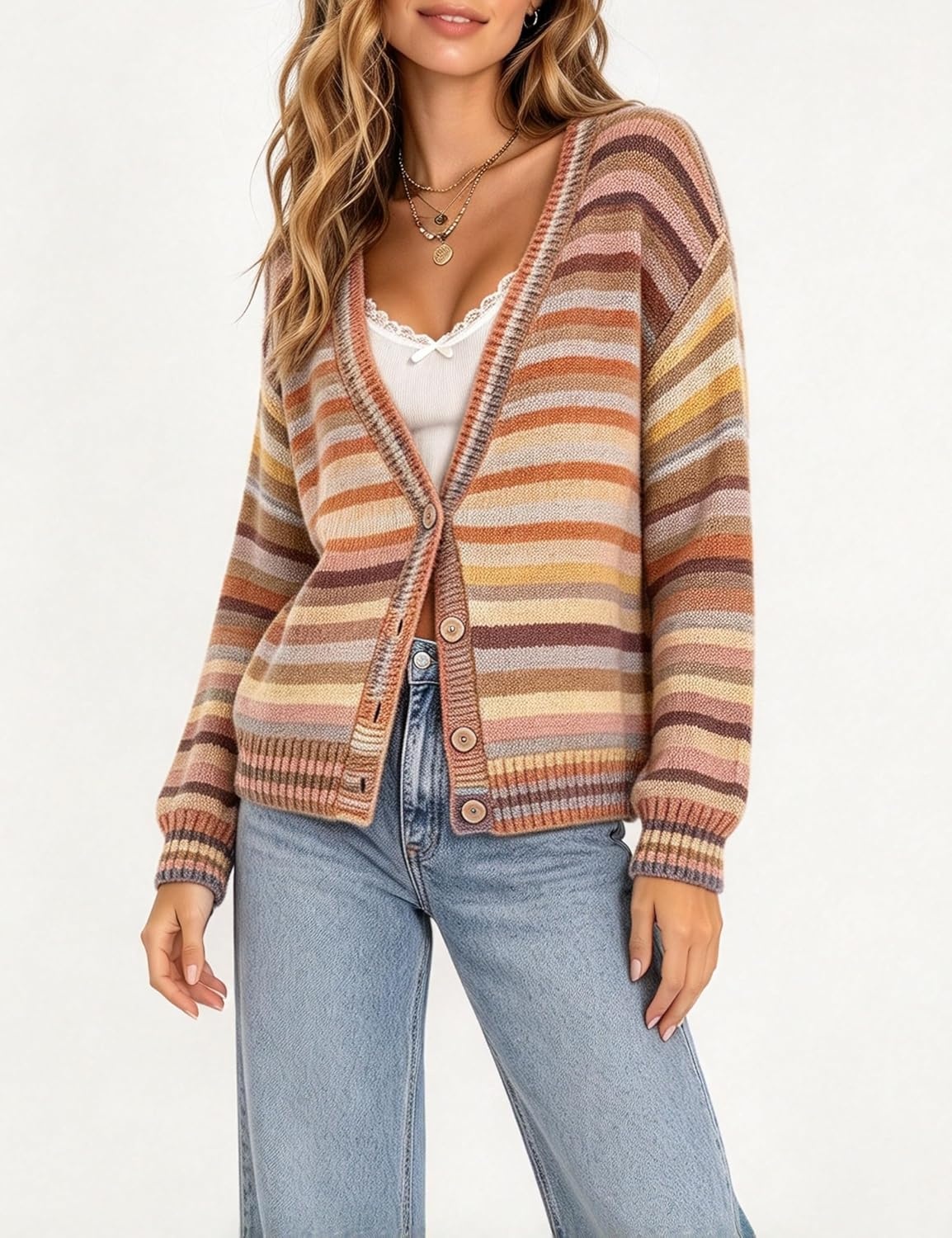 image:imageSpringrain Womens Fall Rainbow Striped Button Down Knit Cardigan SweatersBrown