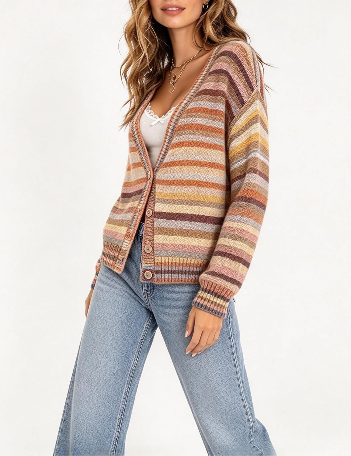 image:imageSpringrain Womens Fall Rainbow Striped Button Down Knit Cardigan SweatersBrown