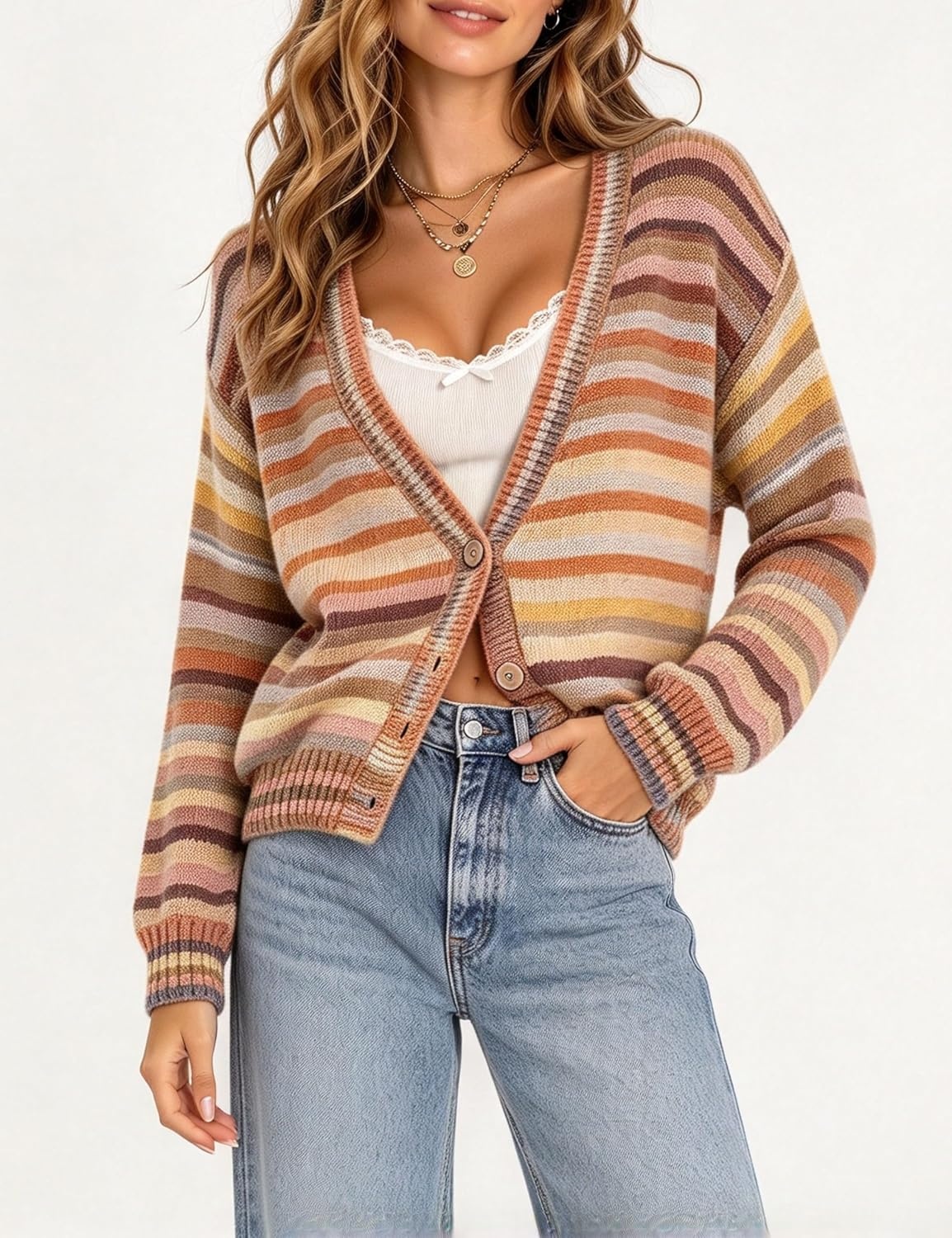 image:imageSpringrain Womens Fall Rainbow Striped Button Down Knit Cardigan SweatersBrown