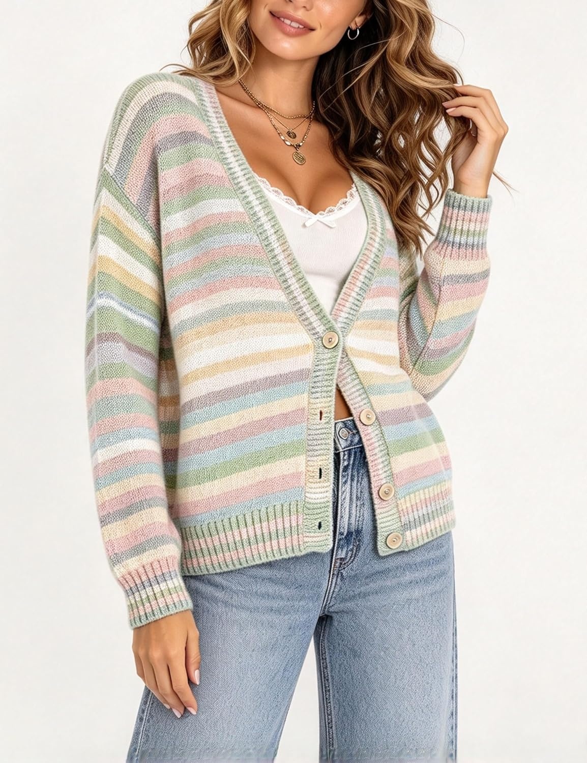 image:imageSpringrain Womens Fall Rainbow Striped Button Down Knit Cardigan SweatersGreen