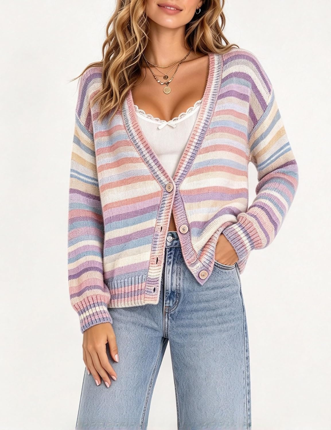 image:imageSpringrain Womens Fall Rainbow Striped Button Down Knit Cardigan SweatersPurple