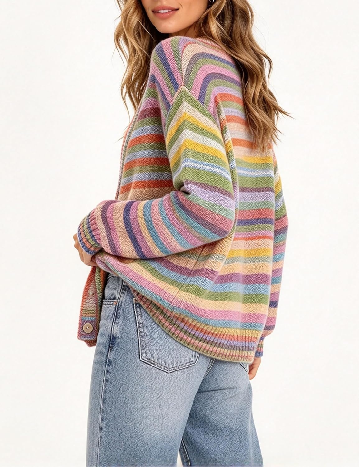 image:imageSpringrain Womens Fall Rainbow Striped Button Down Knit Cardigan SweatersRainbow