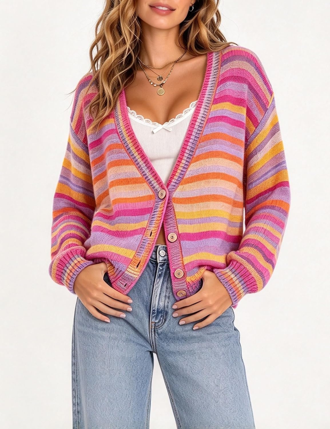 image:imageSpringrain Womens Fall Rainbow Striped Button Down Knit Cardigan SweatersRosered