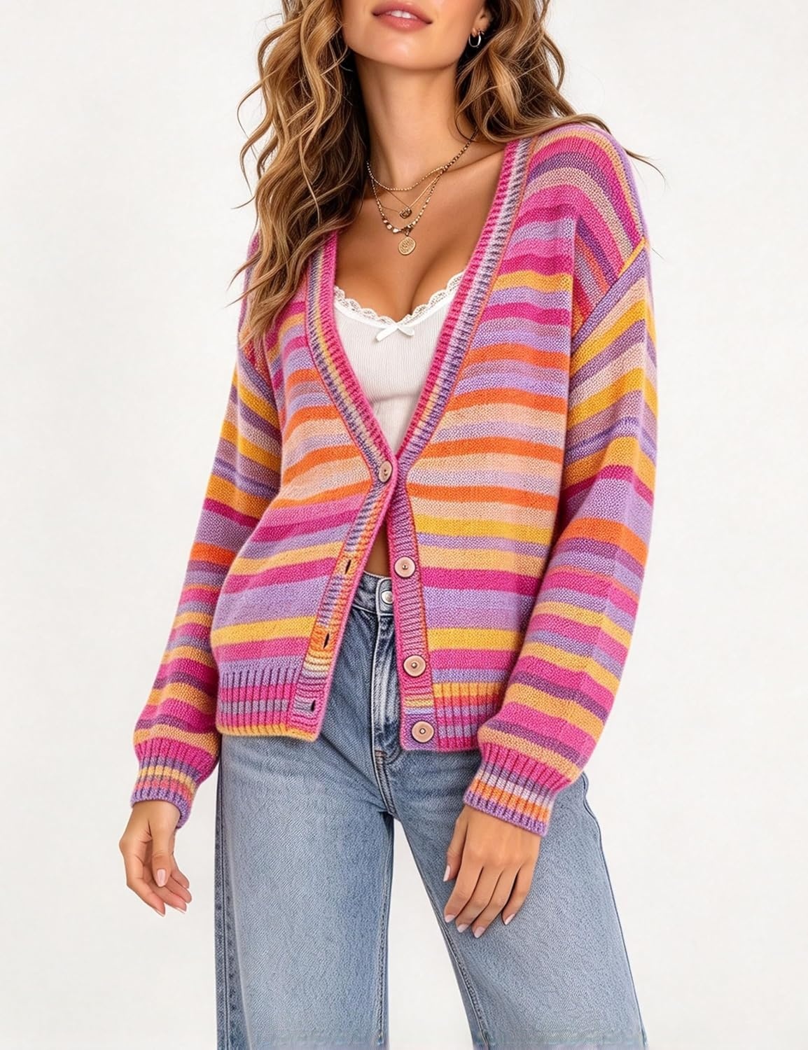 image:imageSpringrain Womens Fall Rainbow Striped Button Down Knit Cardigan SweatersRosered
