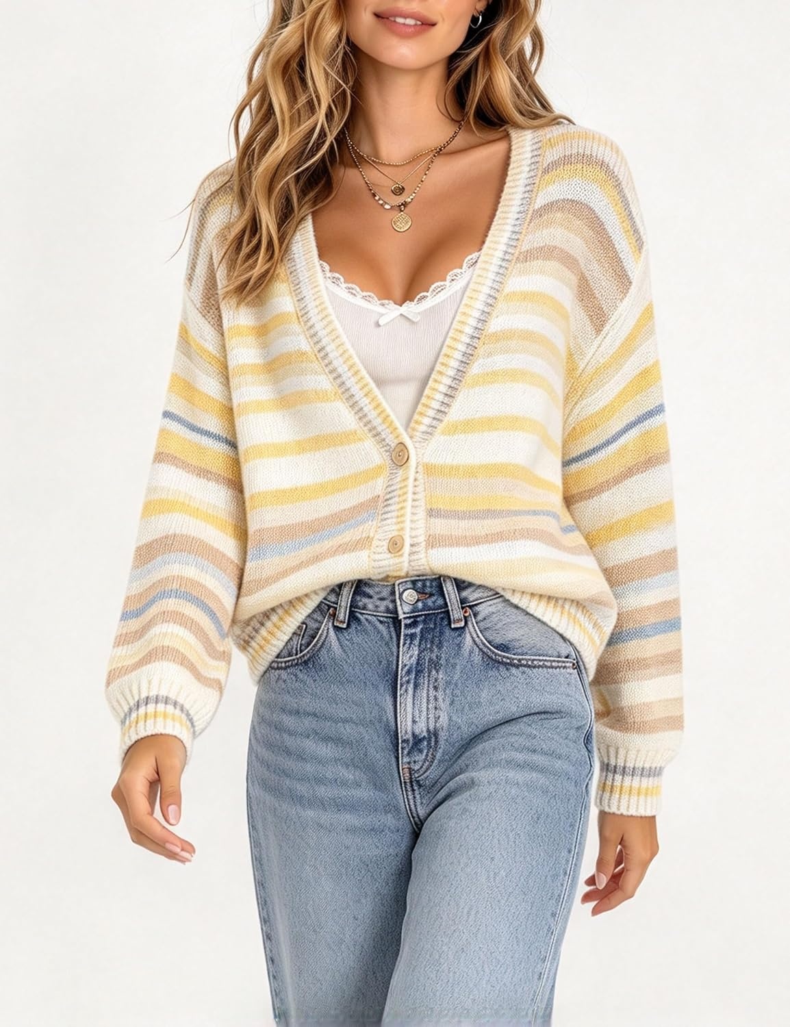 image:imageSpringrain Womens Fall Rainbow Striped Button Down Knit Cardigan SweatersYellow