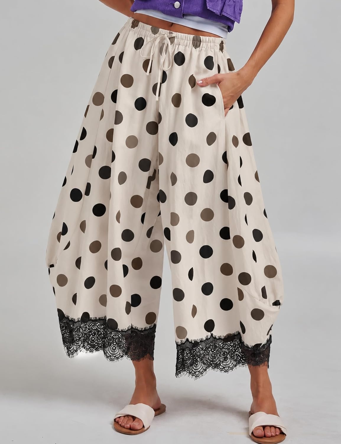 image:imageSpringrain Womens Polka Dot Drawstring Wide Leg PantsBlack