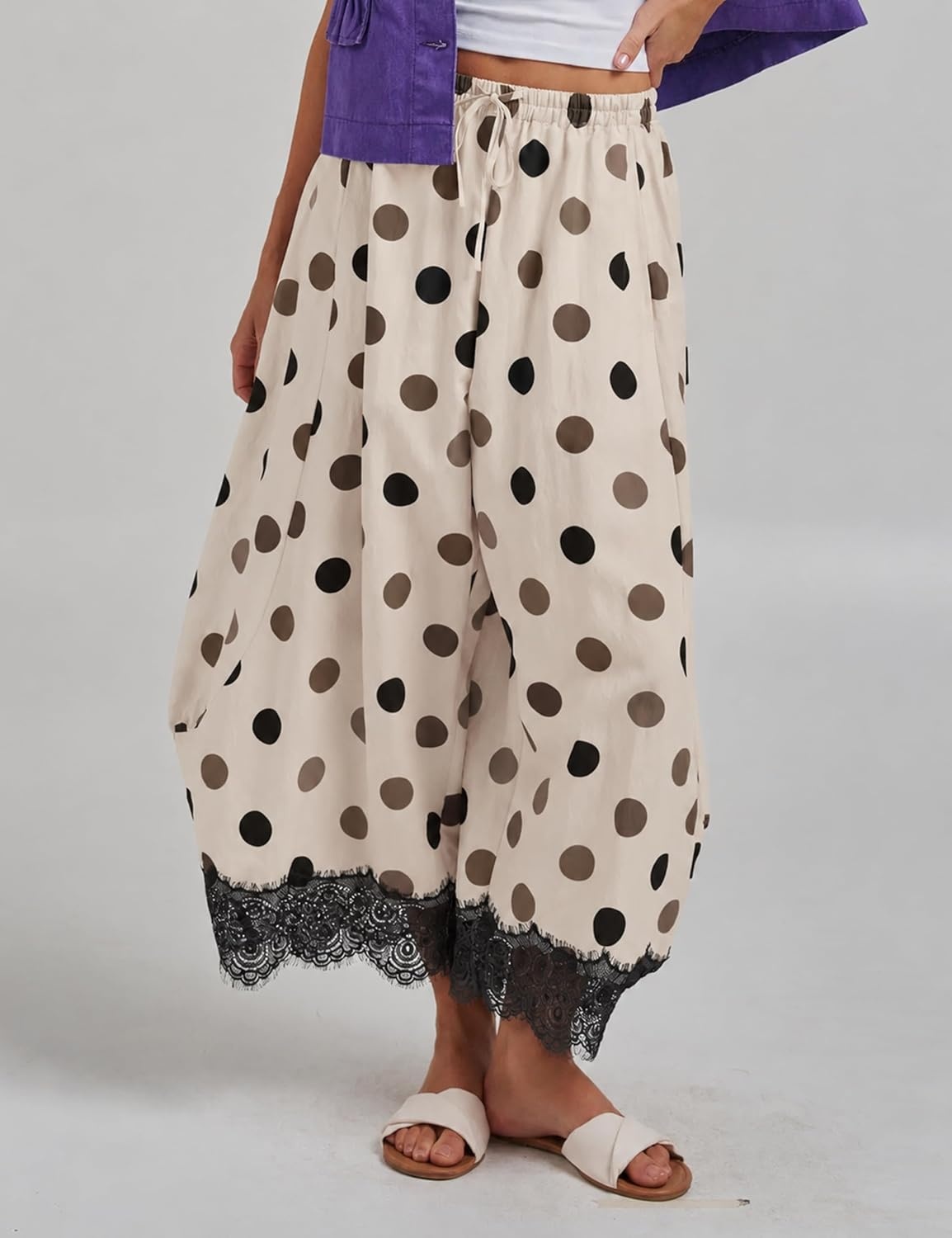 image:imageSpringrain Womens Polka Dot Drawstring Wide Leg PantsBlack