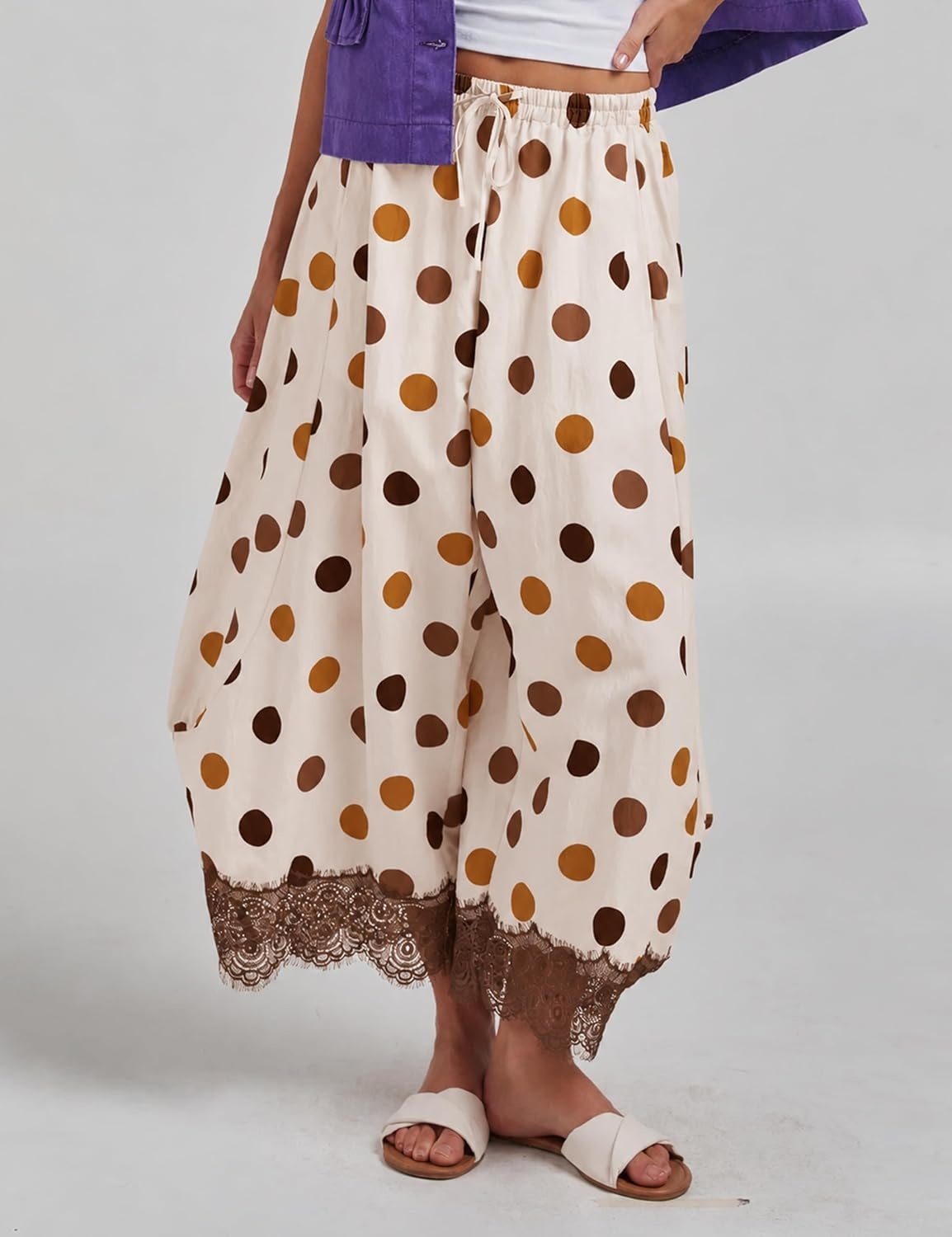 image:imageSpringrain Womens Polka Dot Drawstring Wide Leg PantsBrown