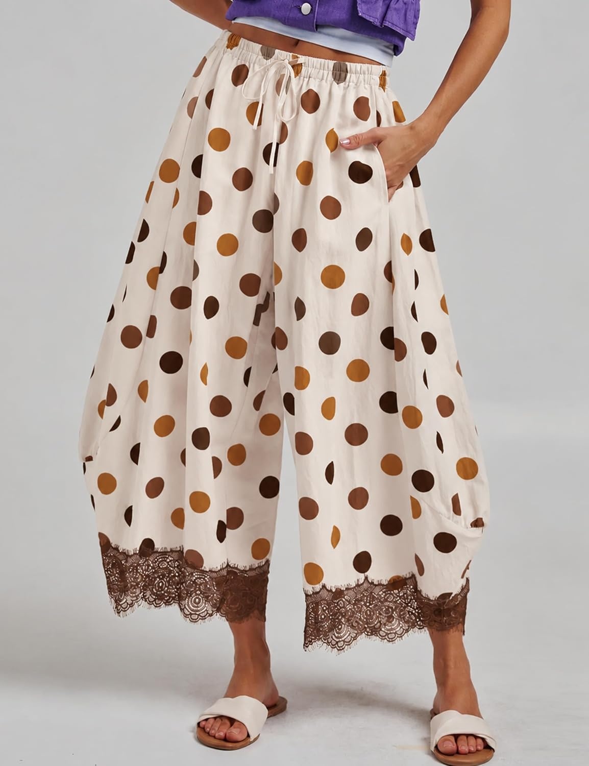 image:imageSpringrain Womens Polka Dot Drawstring Wide Leg PantsBrown