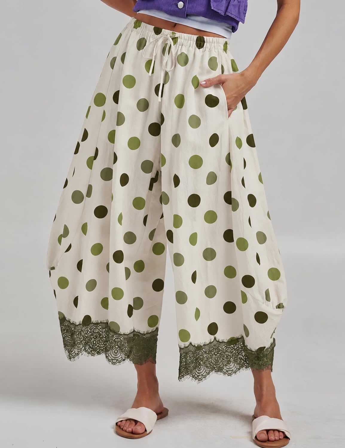 image:imageSpringrain Womens Polka Dot Drawstring Wide Leg PantsGreen