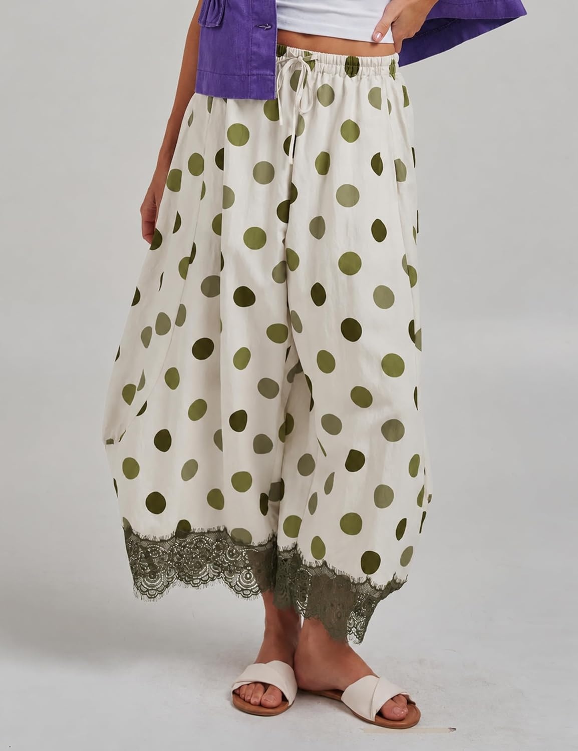 image:imageSpringrain Womens Polka Dot Drawstring Wide Leg PantsGreen
