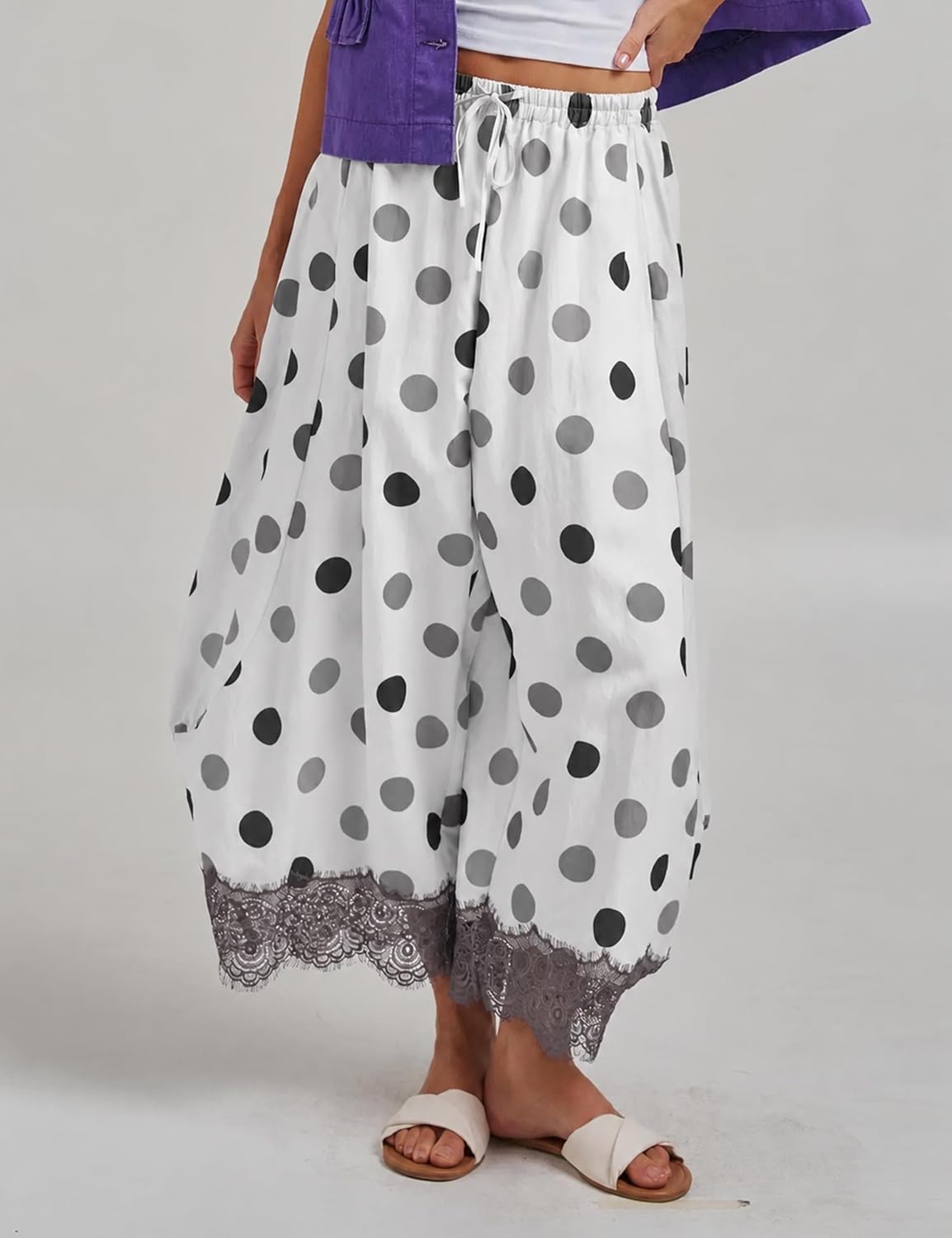 image:imageSpringrain Womens Polka Dot Drawstring Wide Leg PantsGrey