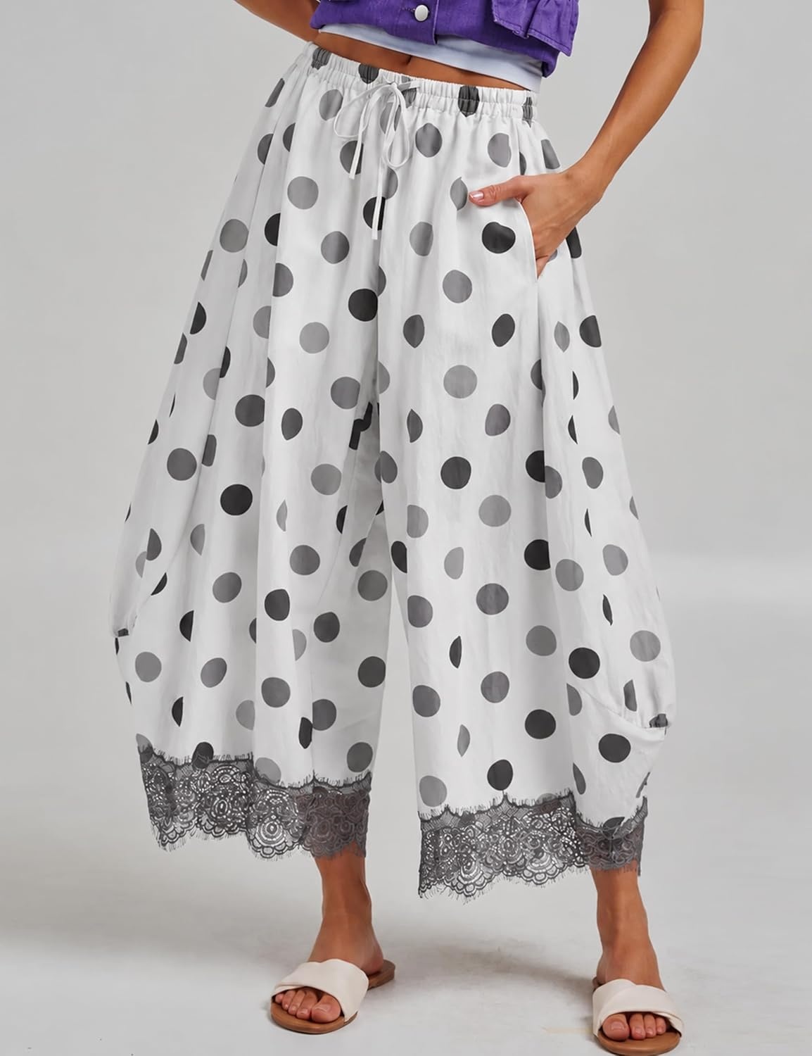 image:imageSpringrain Womens Polka Dot Drawstring Wide Leg PantsGrey