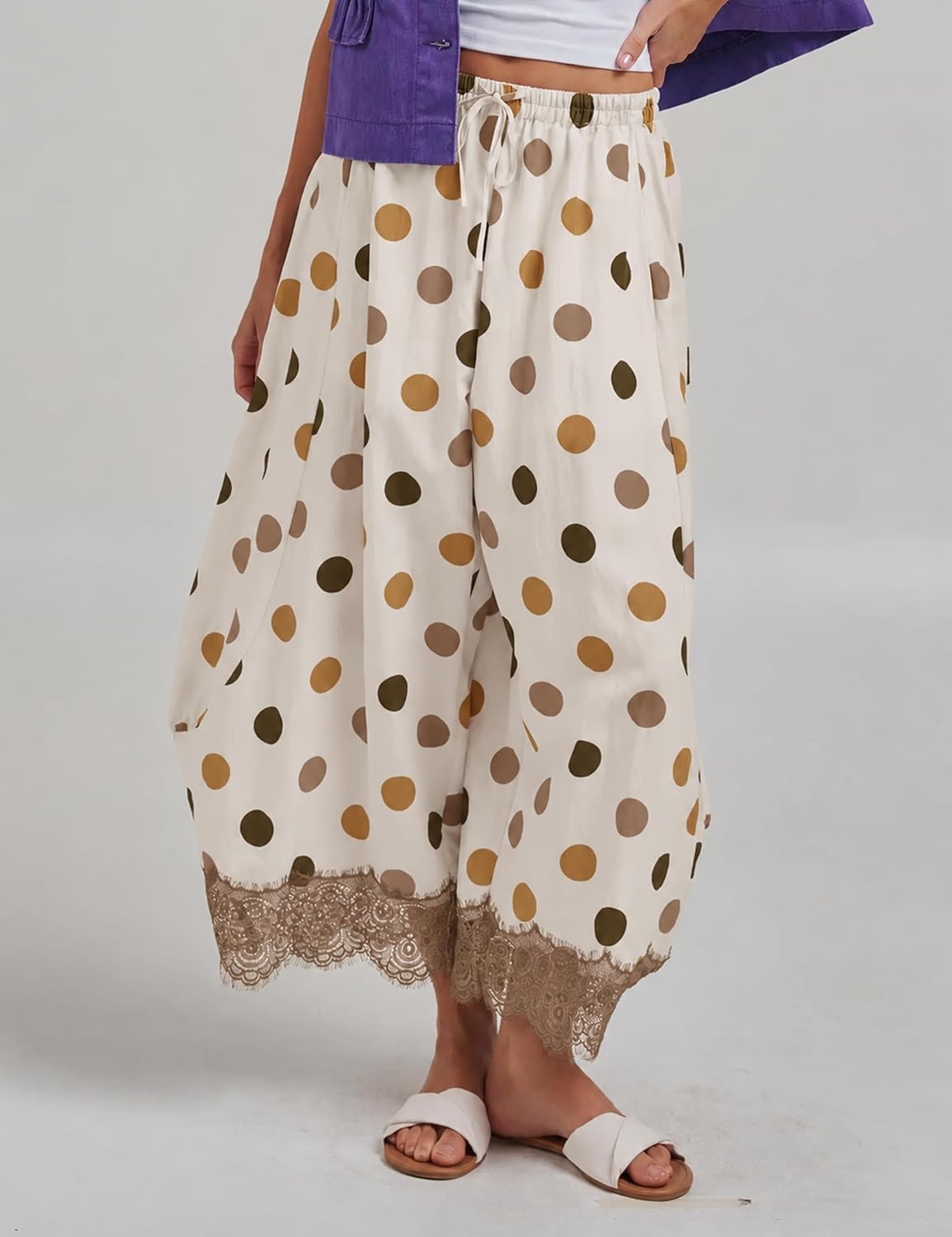 image:imageSpringrain Womens Polka Dot Drawstring Wide Leg PantsKhaki