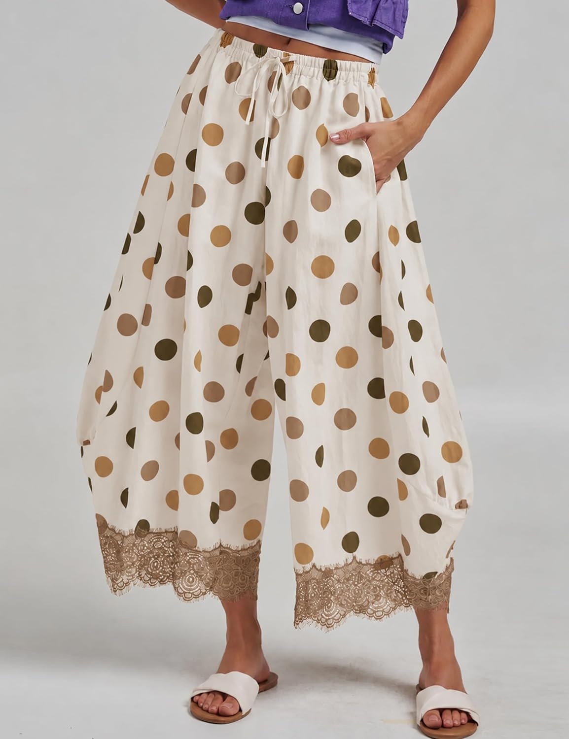 image:imageSpringrain Womens Polka Dot Drawstring Wide Leg PantsKhaki